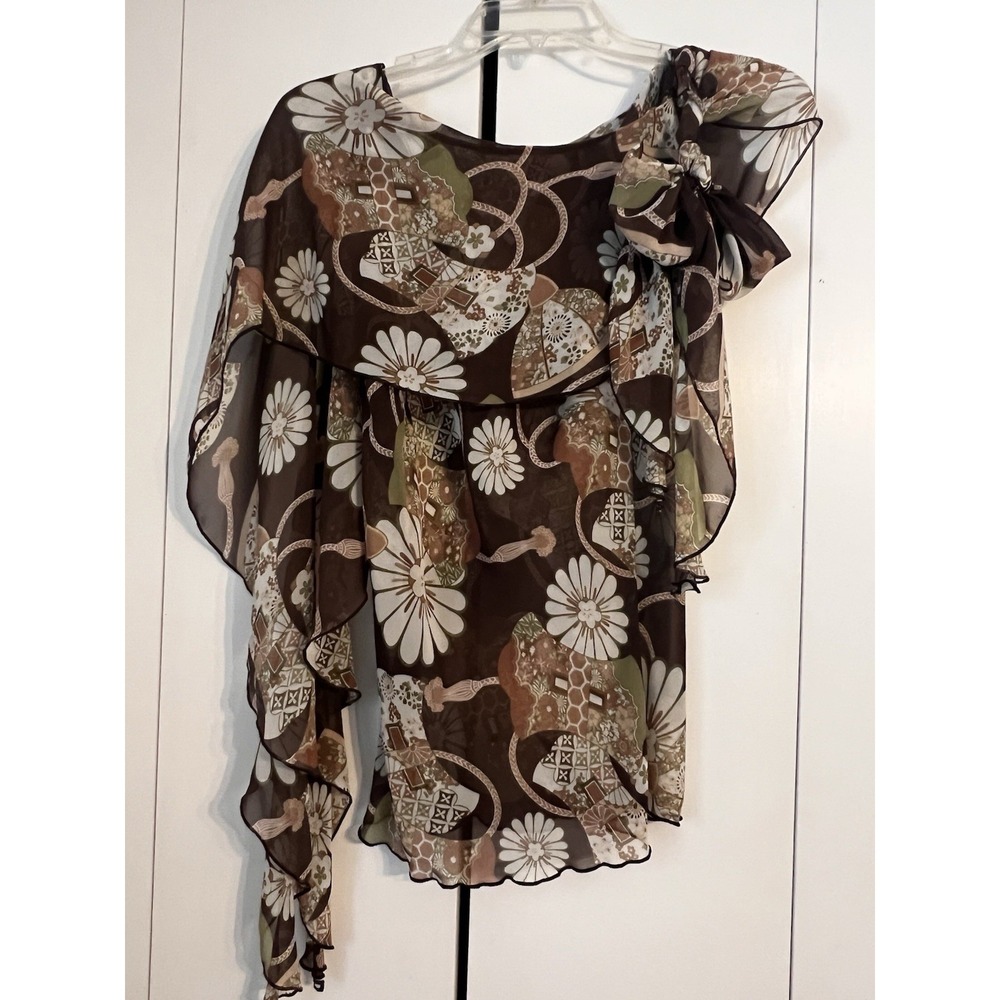 Y2K Opera One Shoulder Sheer Blouse Floral Ruffle Romantic Boho Brown Women S